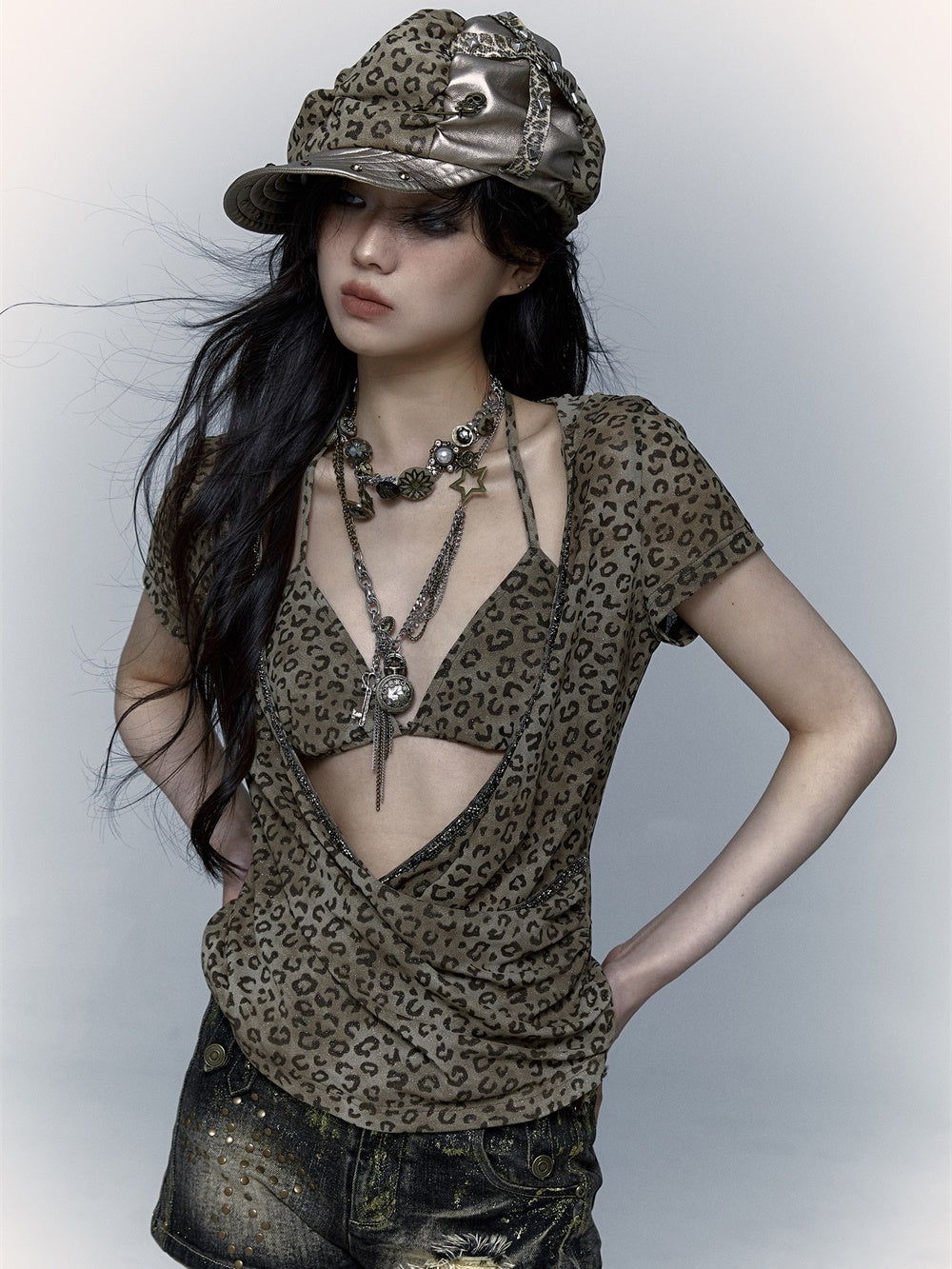 Leopard Print Mesh Hooded Cover-up