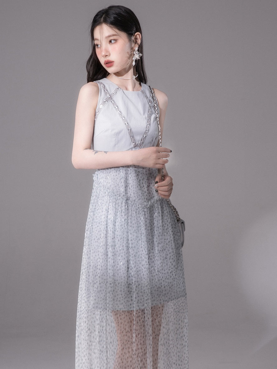 Ribbon Mesh Sleeveless Backless Dress ARCANA ARCHIVE Ribbon Mesh Sleeveless Backless Dress ARCANA ARCHIVE
