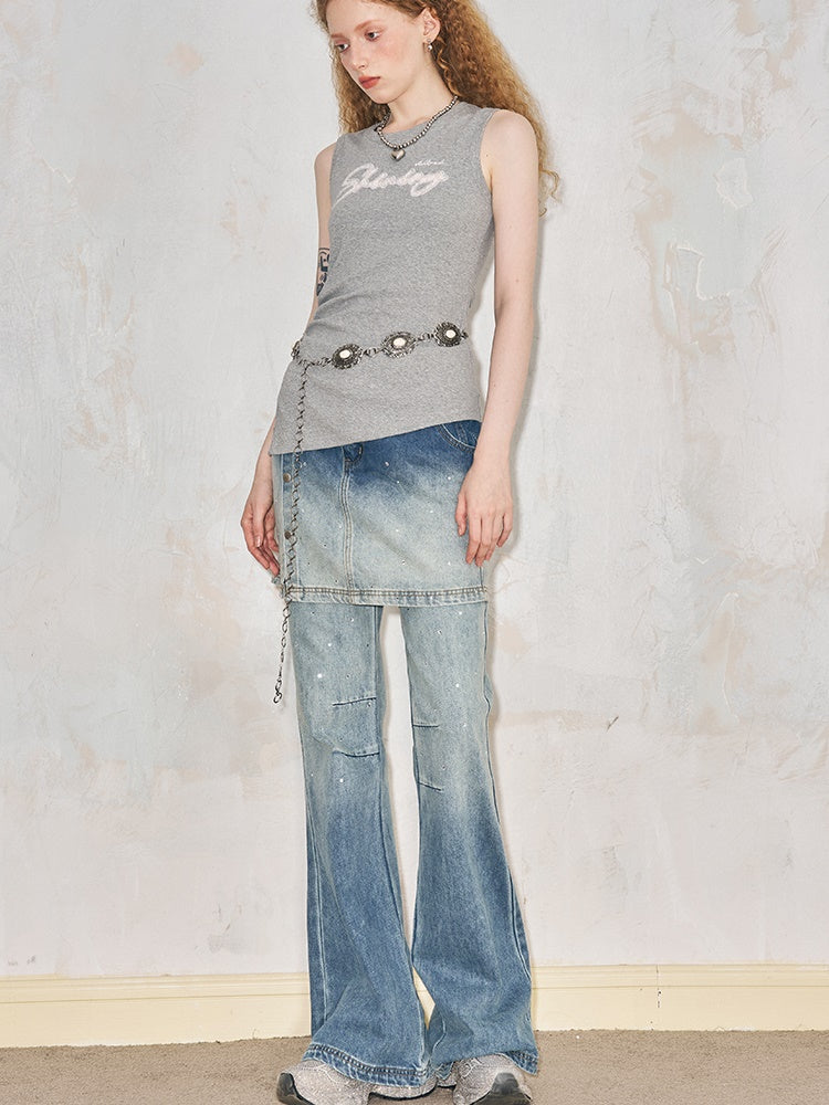 Fake Two-piece Gradation Wash Flared Denim Skirt Pants