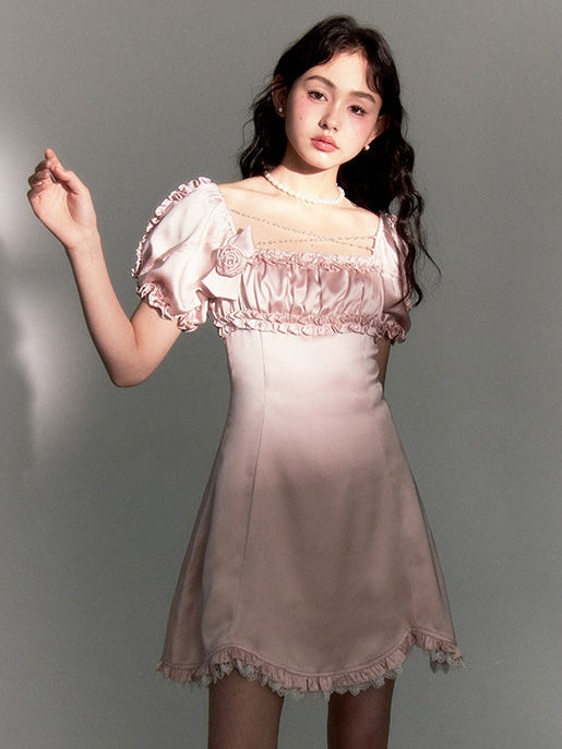 Beaded Chain Frill Decoration Puff Sleeve Dress