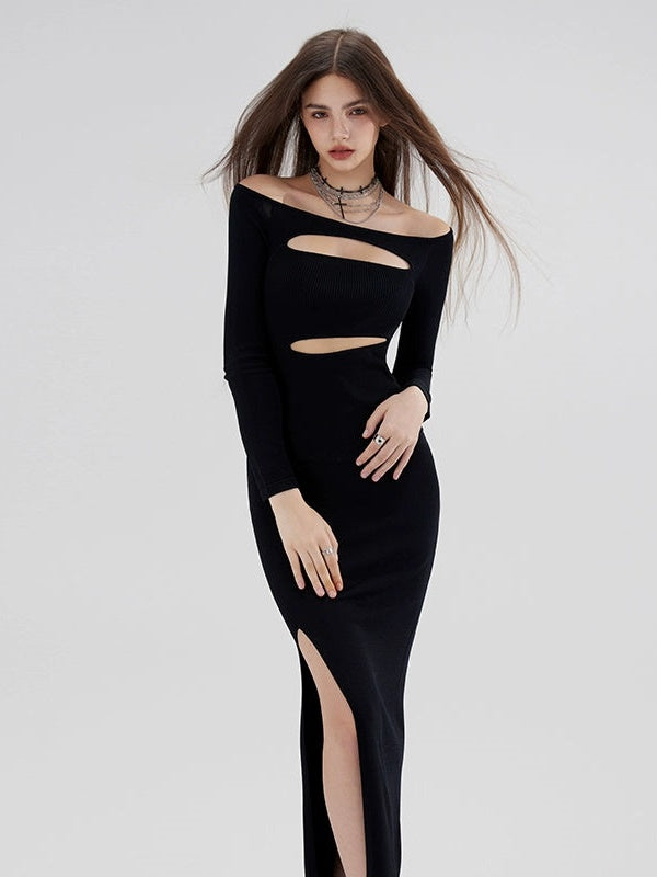 Hollow One-shoulder Sexy Desire Slit Stretch Slim Dress