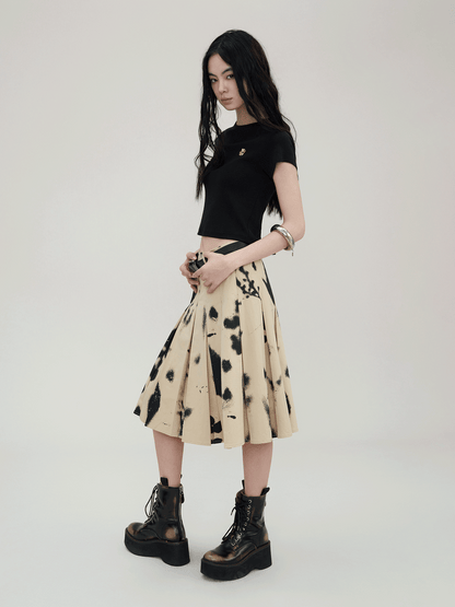 Branches and Leaves Mottled Print Pleated Work Skirt