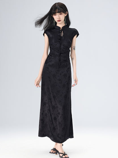 Sleeveless Side Slit Jacquard Long Dress