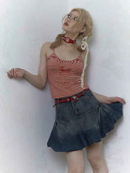 Retro Old Bud Fluffy A-line Denim Skirt