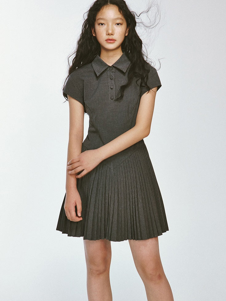 College Style Pleated Stitching Striped Polo Dress