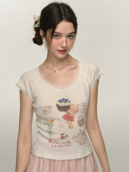 Afternoon Tea Print Sweet Slim Fit T-shirt