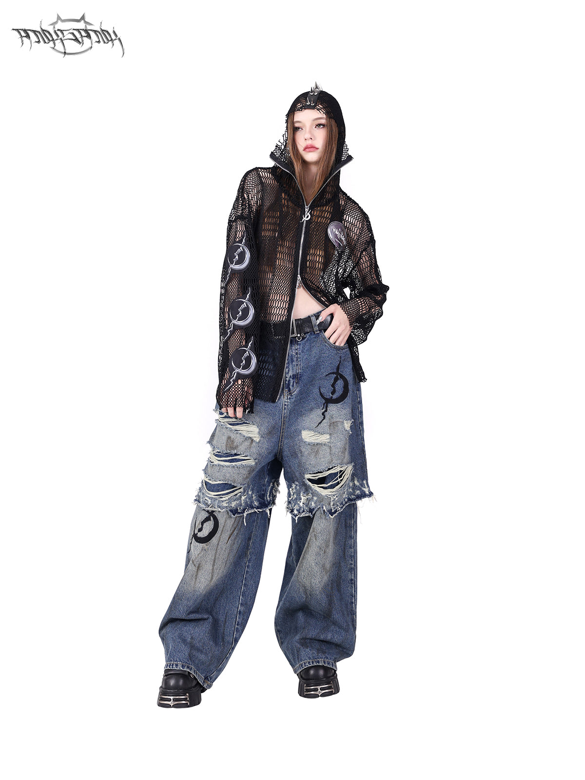 Rivet Punk Hooded Mesh Patch Patch Broidered Veste