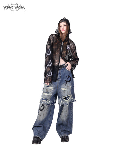 Rivet Punk Hooded Mesh Patch Embroidered Jacket