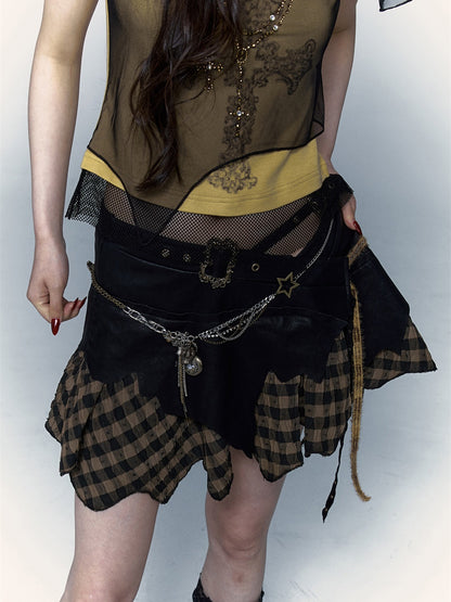 Plaid PU Irregular Patchwork Skirt