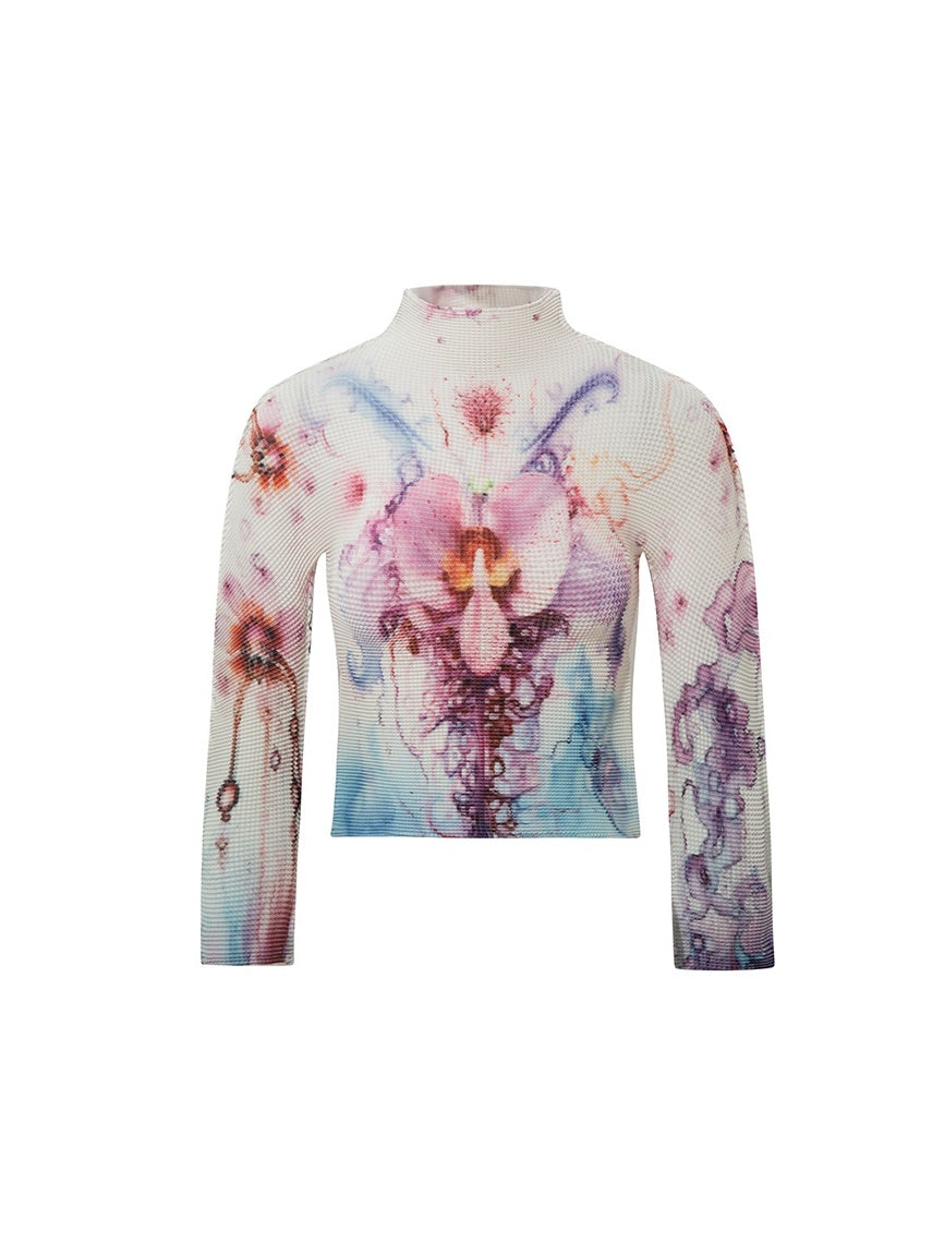 Floral Cropped Stretch Retro Colorful Bottle-Neck Knit