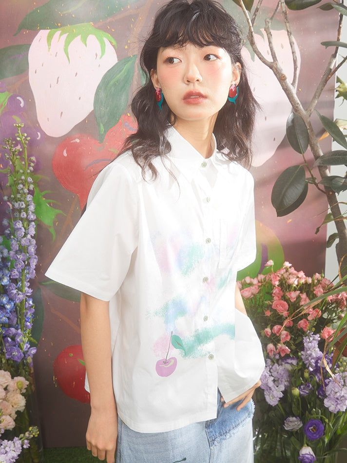 Gradient Cherry Decorated Pocket Loose Shirt