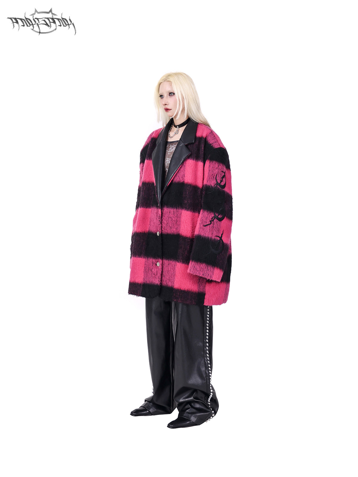 Plaid Leather Embroidered Shoulder Pads Genderless Coat