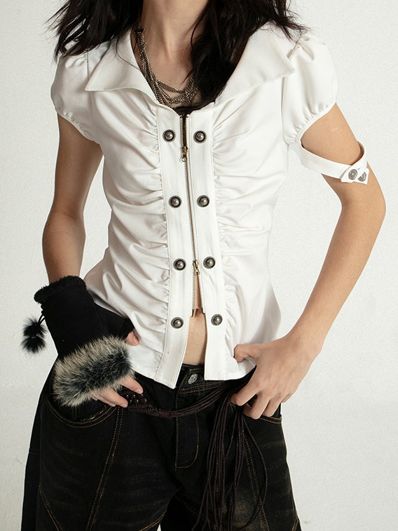 Retro Gather Design Puff Sleeve Zipper Shirt