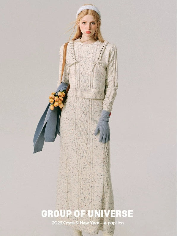 Braid Color Dot Knitted Sweater &amp; Long Skirt