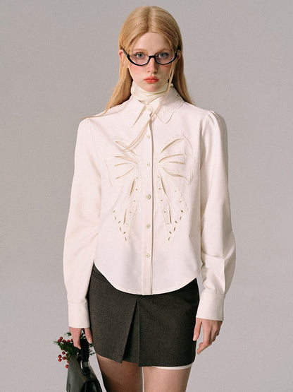 Bow Cut-out Embroidered Long-sleeved Shirt