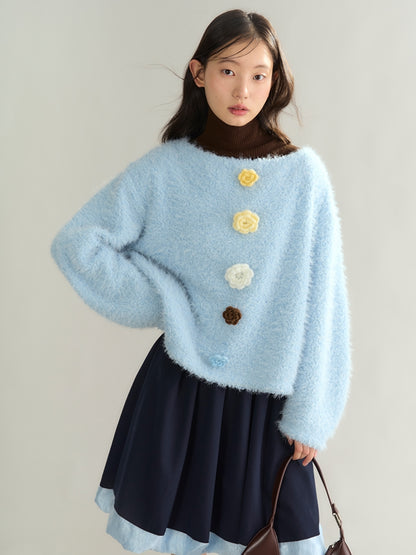 Flower-Motif Retro Sweet Loose Mohair-Knit