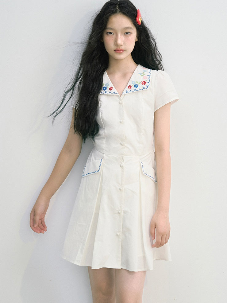 Flower Embroidery Waisted A-Line Shirt One-piece