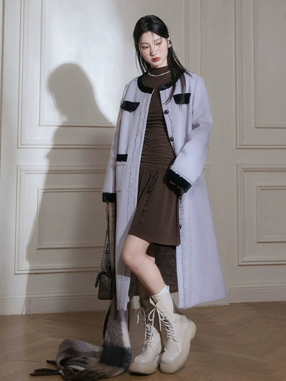 Contrast Color No-Collar Long Jacket ＆ A-Line Skirt