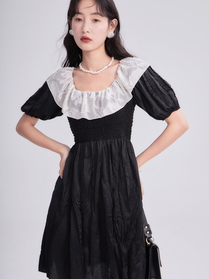 Flower Lapel High Waist Little Black Dress