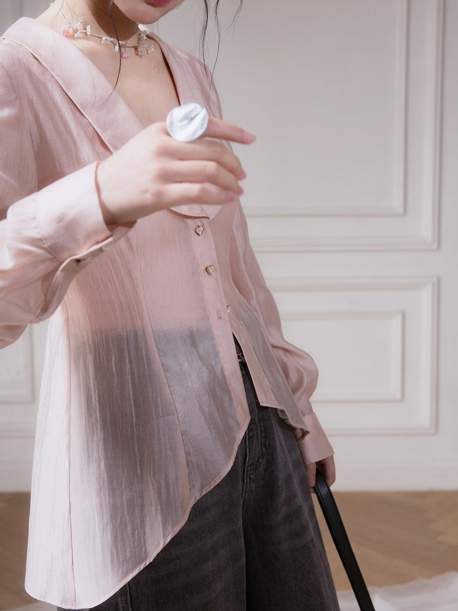 U-neck Shawl Collar Transparent Fishtail Shirt With Camisole