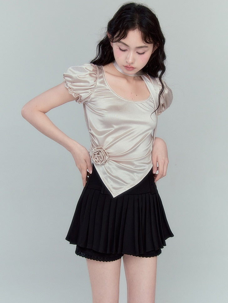 Wrinkled Bud Sleeve Short-sleeved Satin Top