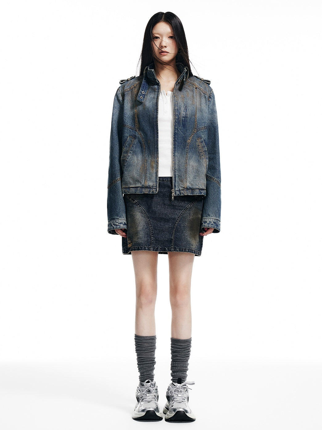 Stand-Collar Denim Short Jacket