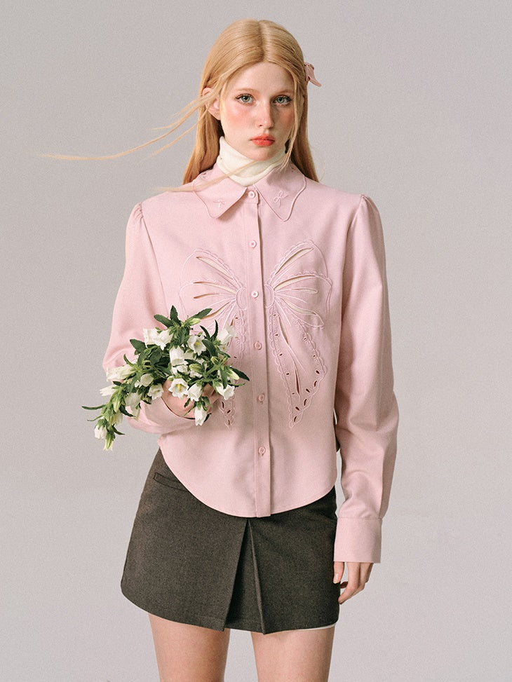 Bow Cut-out Embroidered Long-sleeved Shirt