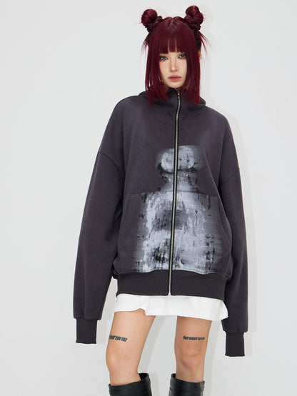 Blurred Portrait Print Zipper Hoodie