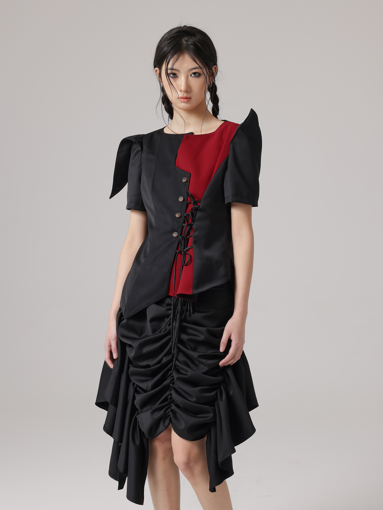 Special-shaped Design Pierrot Shirt ＆ Asymmetry Gather Skirt