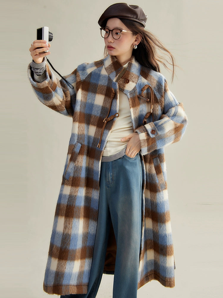 Retro Plaid Stand Collar Toggle Coat