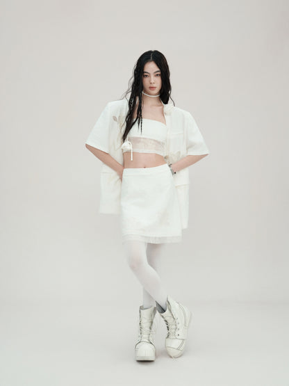 Carved Lace Embroidery Jacket ＆ Camisole ＆ Short Skirt