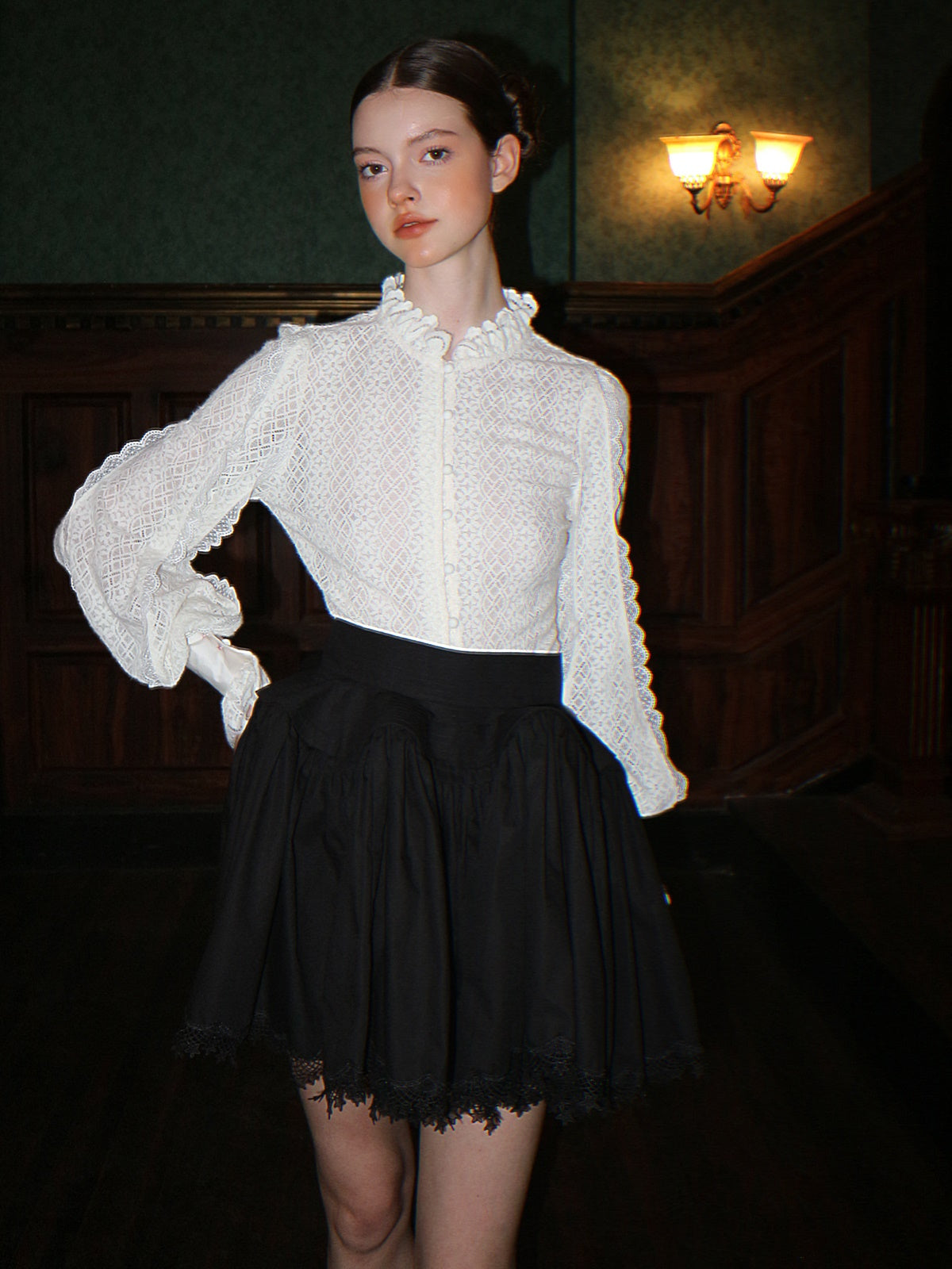 Brushed Lace Stand Collar Shirt