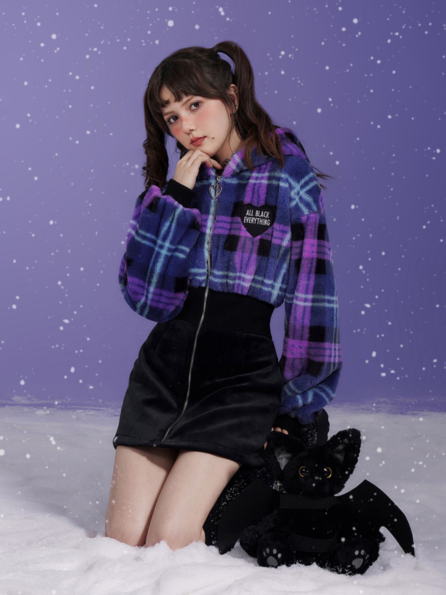 Plaid Fur Plush Switching Design Hooded Dress