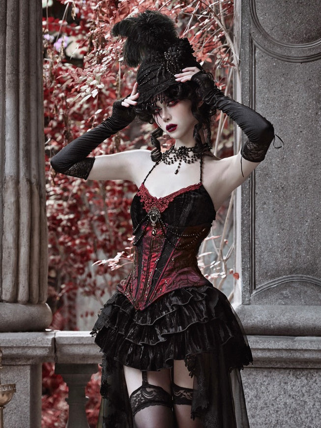 Gothic Velvet Fishbone Corset & Bead Decoration Camisole & Tulle Lace  Velvet Skirt