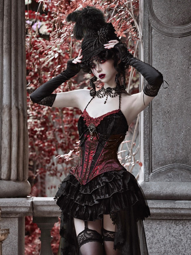 Gothic Velvet Fishbone Corset & Bead Decoration Camisole & Tulle Lace –  ARCANA ARCHIVE