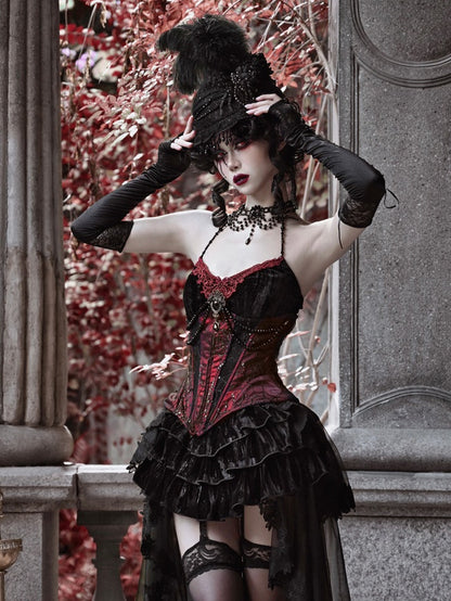 Gothic Velvet Fishbone Corset &amp; Bel Decoration Camisole &amp; Tulle en dentelle en velours jupe