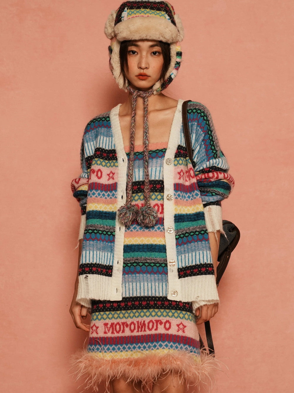 Embroidery Border Colorful Fur Bare-Top One-Piece