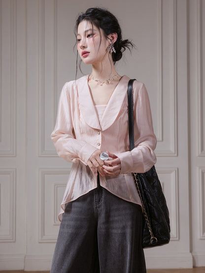 U-neck Shawl Collar Transparent Fishtail Shirt With Camisole