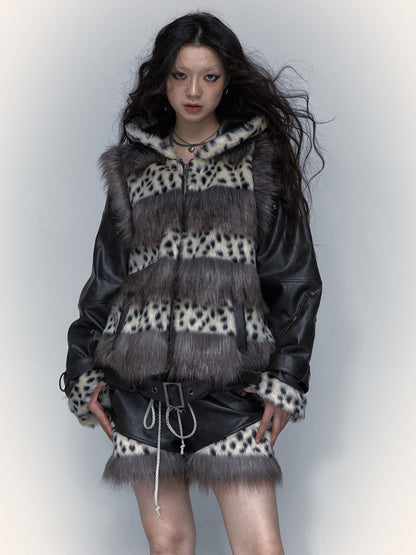 Removable Sleeve Hooded Leopard Print Eco-friendly Fur Jacket