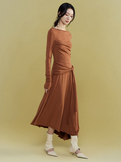 Loose Pleated Waist Ribbon Knit Dress