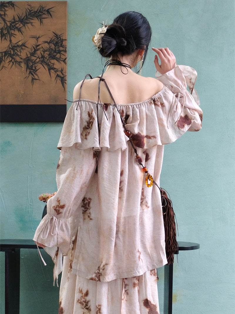 Tie-dye Loose Ruffle Off-Shoulder Shirt