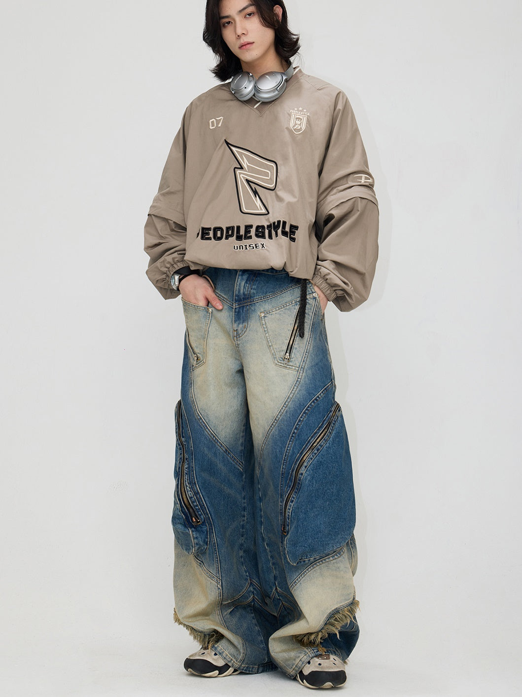 Special-shaped Structure Pocket Bleached Dyed Loose Jeans