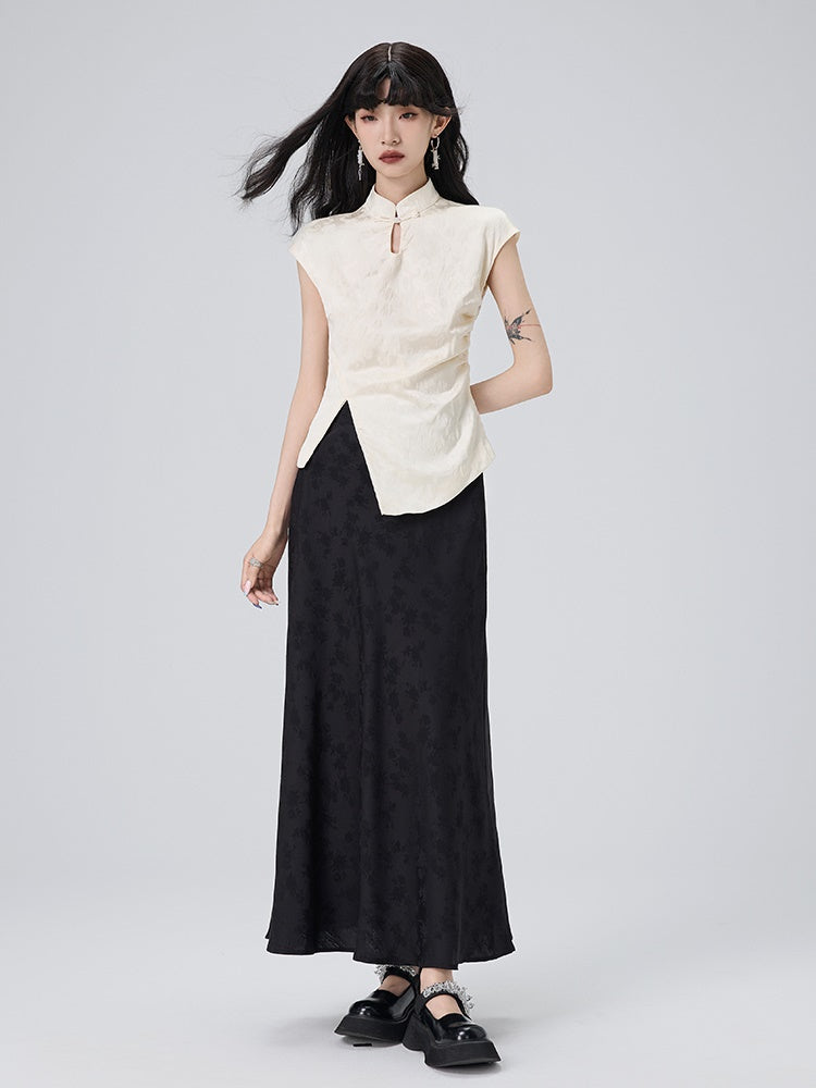 Chinese Style Jacquard French Sleeve Top ＆ Long Skirt