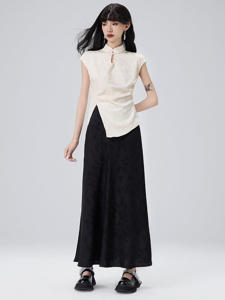 Chinese Style Jacquard French Sleeve Top ＆ Long Skirt