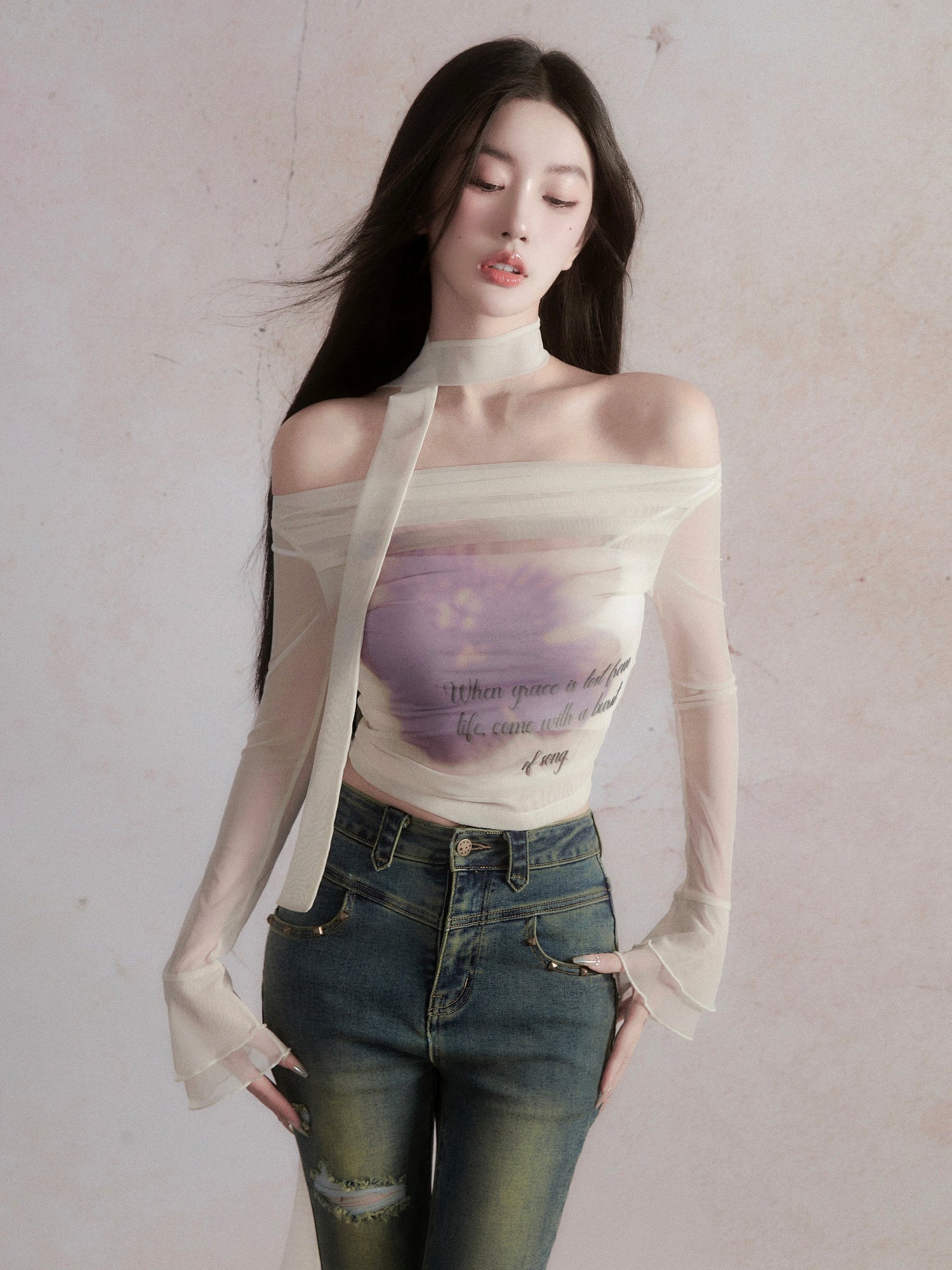 Rose Off Shoulder Mesh T-shirt