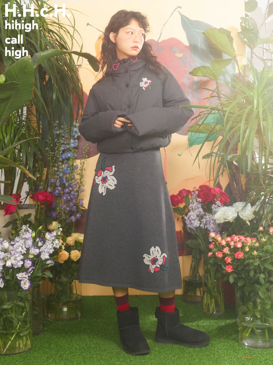 Cherry Blossom Embroidered Stand Collar Hooded Short Coat