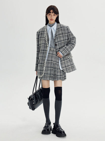 Woven Plaid No-Collar Jacket ＆ Vest ＆ Pleated Skirt