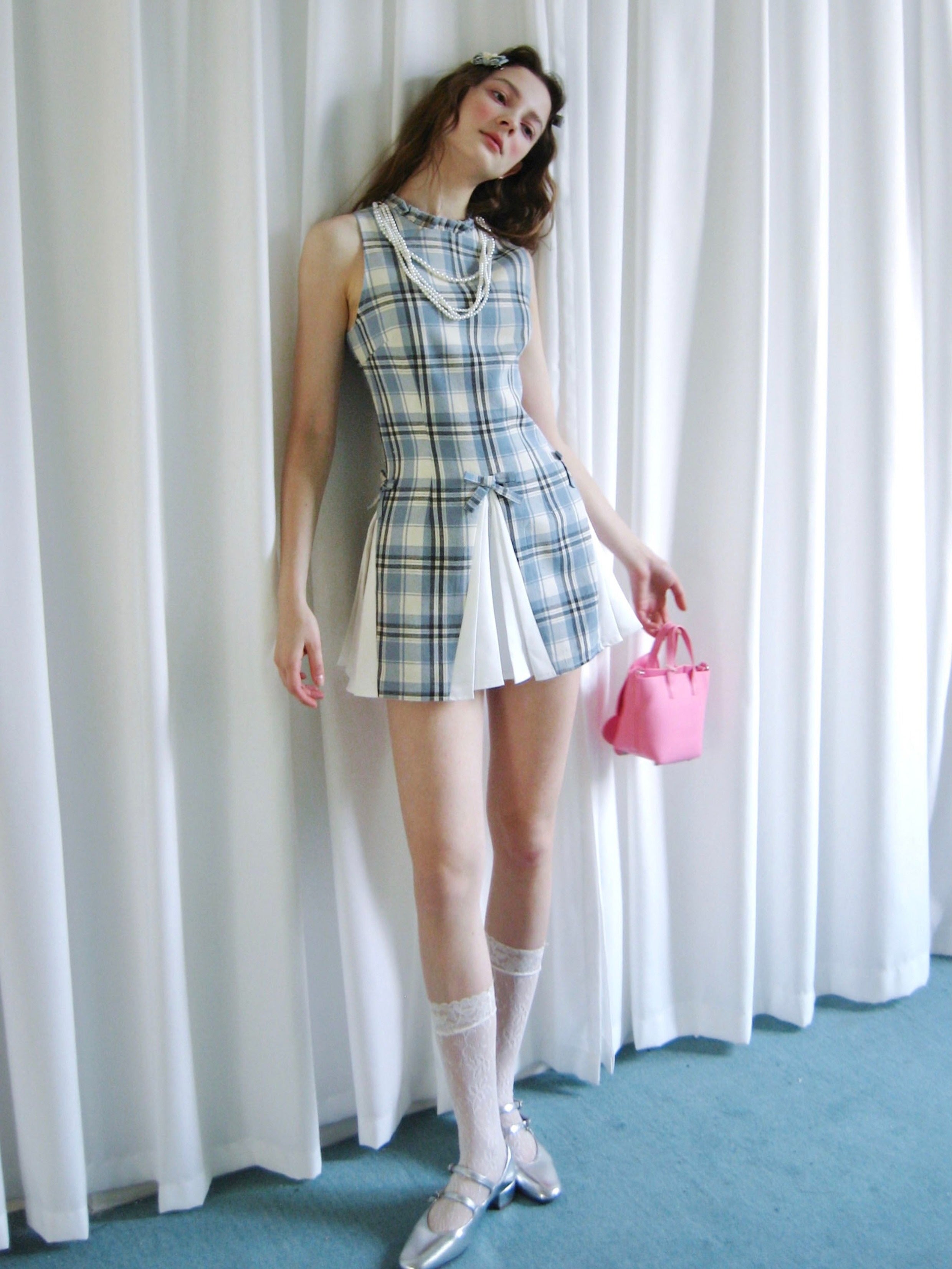 Sleeveless Check Patchwork Pleated Dress