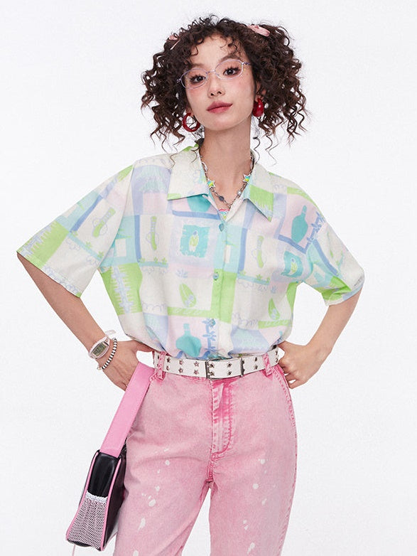 Retro Print Short-sleeved Shirt