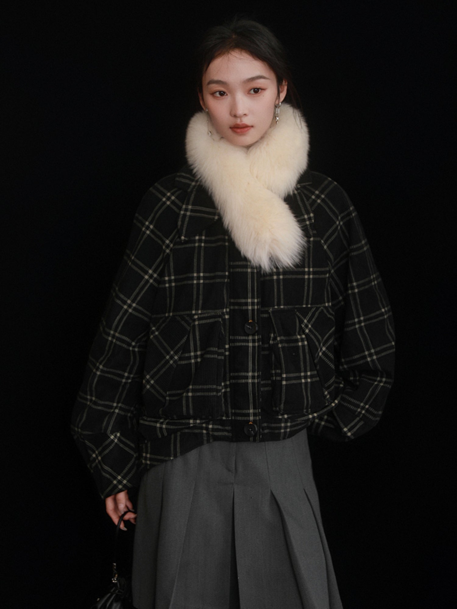 Fur Collar Detachable Design Plaid Corduroy Down Jacket